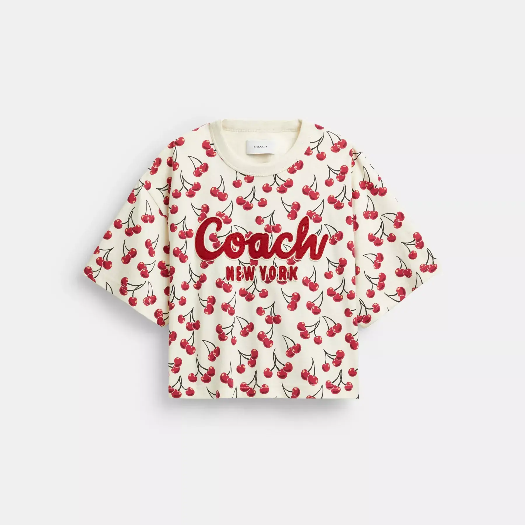 Cherry Print Cursive Signature Cropped T-Shirt In Organic Cotton Cherry Print Cursive Signature Cropped T-Shirt In Organic Cotton