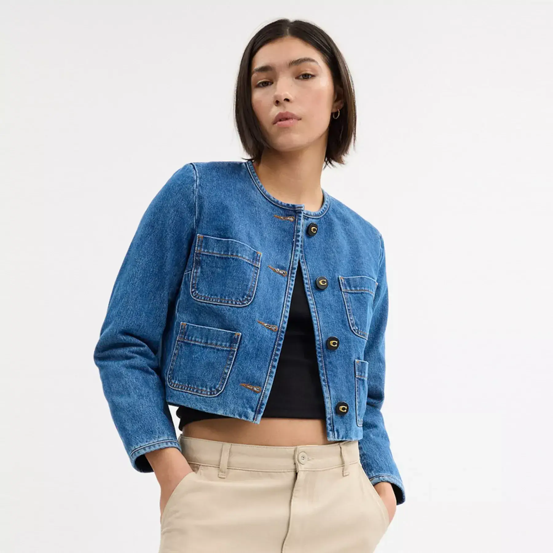 Collarless Denim Jacket In Organic Cotton Collarless Denim Jacket In Organic Cotton
