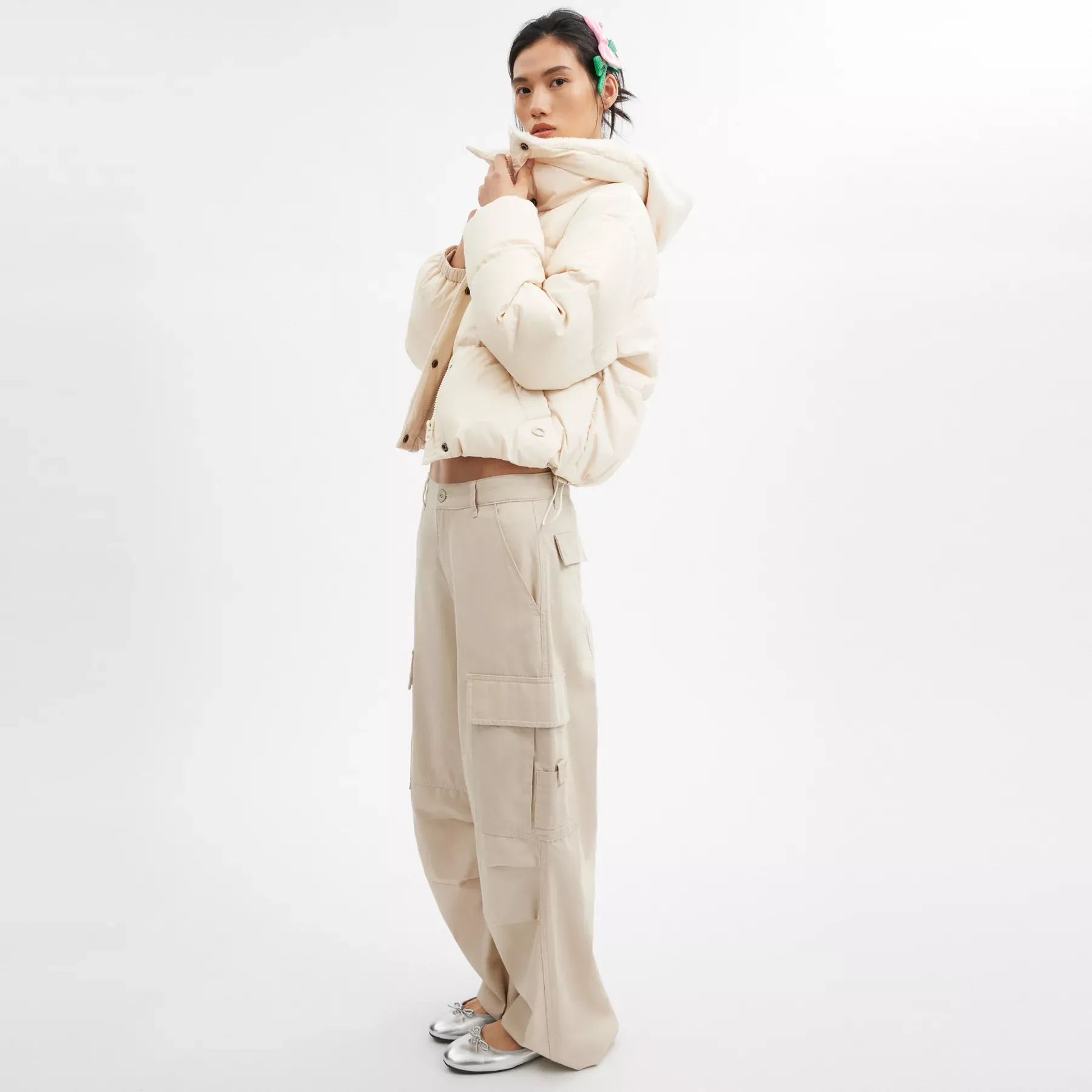 Cropped Puffer In Recycled Polyamide With Sherpa Collar