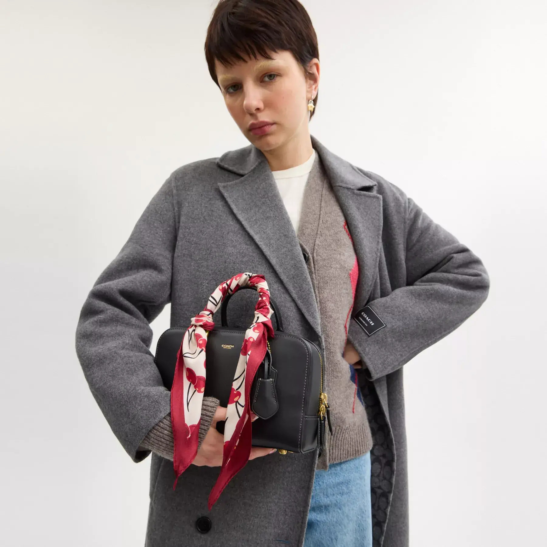 Cursive Coach Script Cherry Swirl Print Silk Diamond Scarf Cursive Coach Script Cherry Swirl Print Silk Diamond Scarf