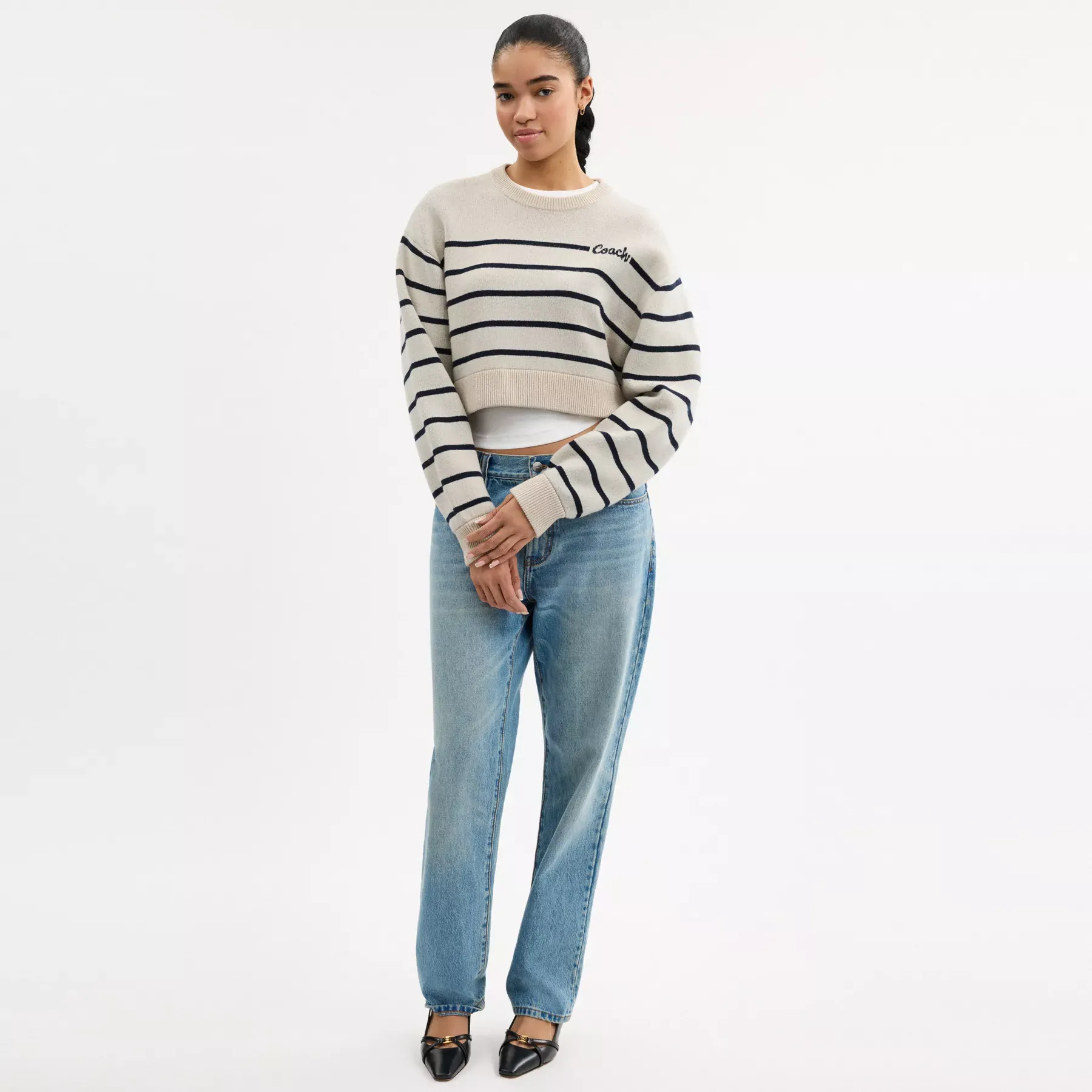 Cursive Signature Striped Cropped Sweater Cursive Signature Striped Cropped Sweater