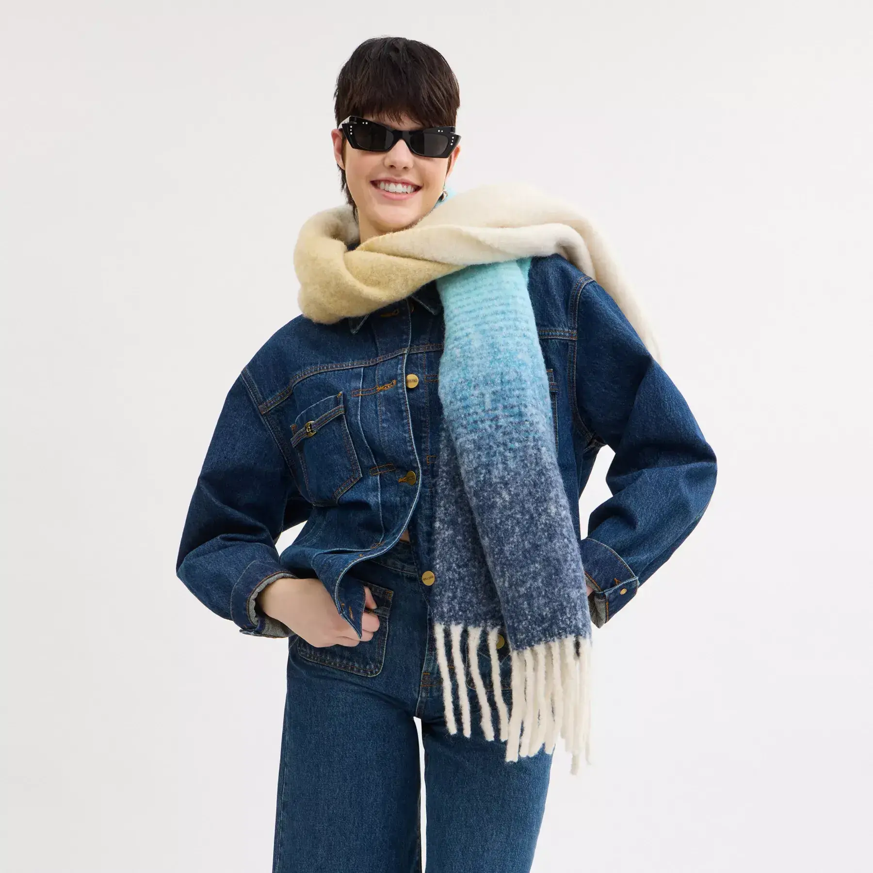 Ombre Muffler With Leather Patch Ombre Muffler With Leather Patch
